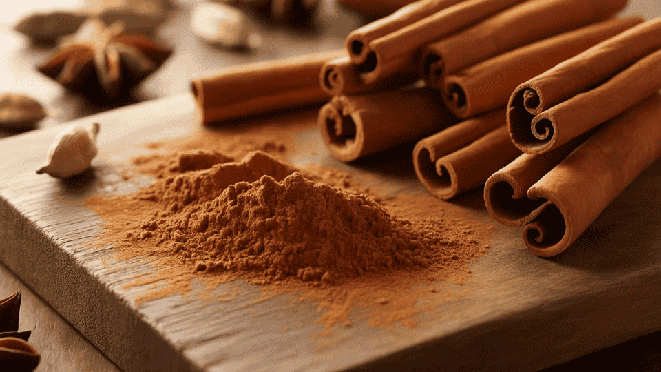 cinnamon sticks and ground cinnamon on a wooden board, a warming herb often used to support weight loss and blood sugar balance