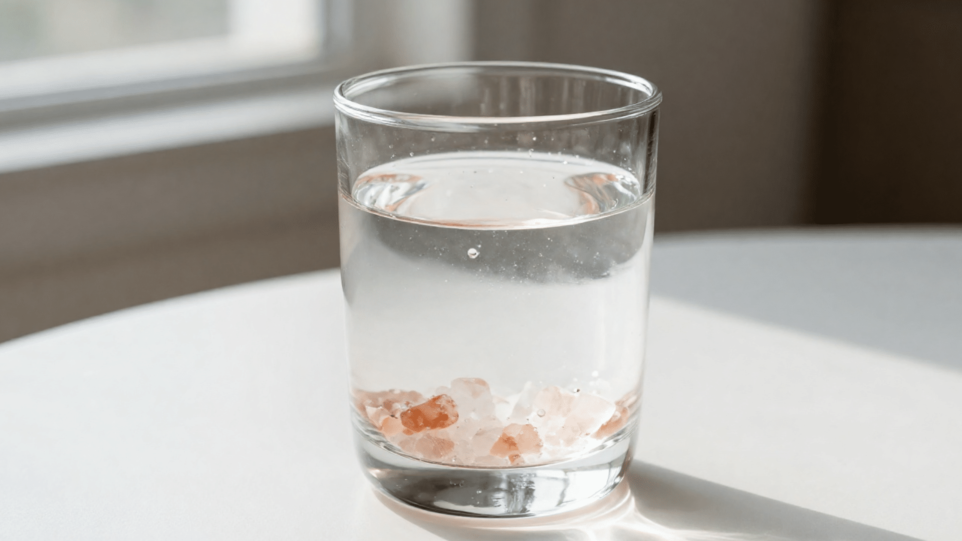 clear glass of water with pink salt crystals at bottom