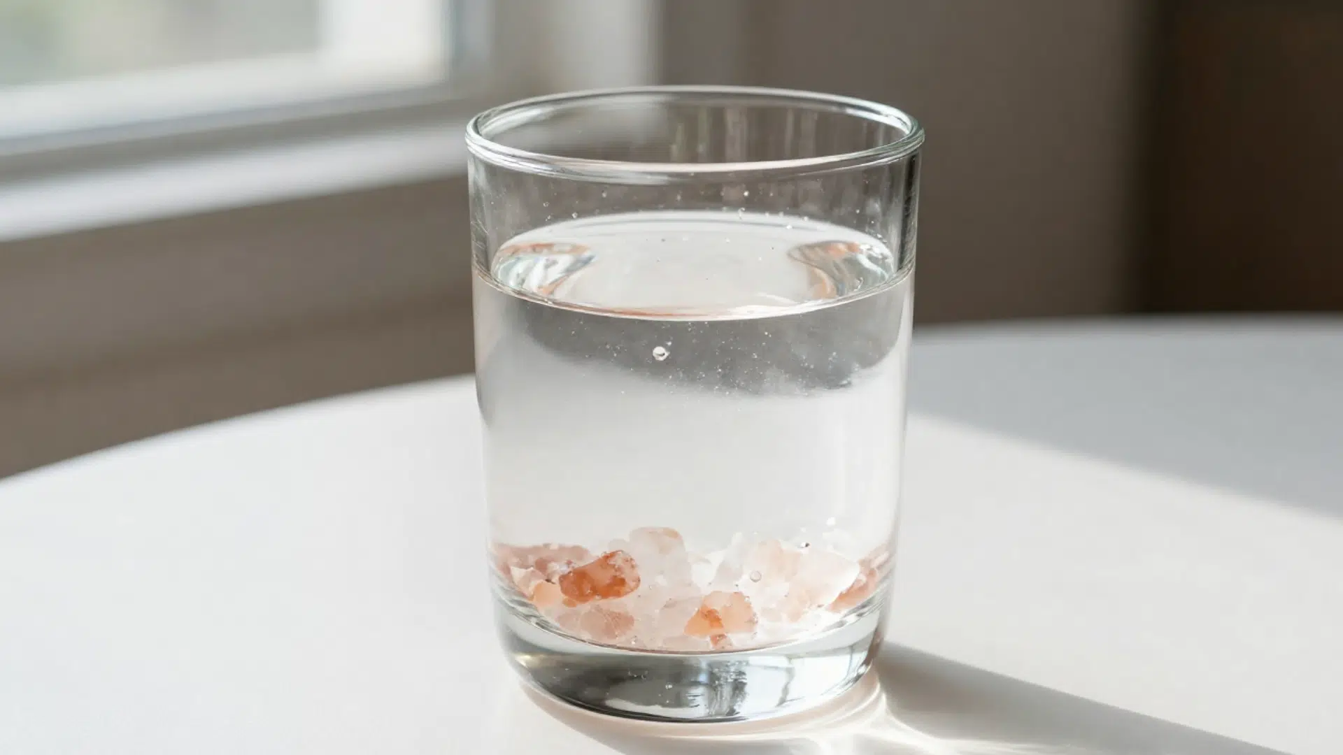 clear glass of water with pink salt crystals at bottom