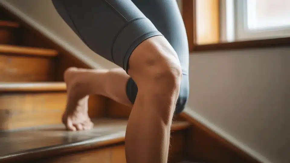 close-up of a knee in motion while climbing stairs, showing muscles and joint movement