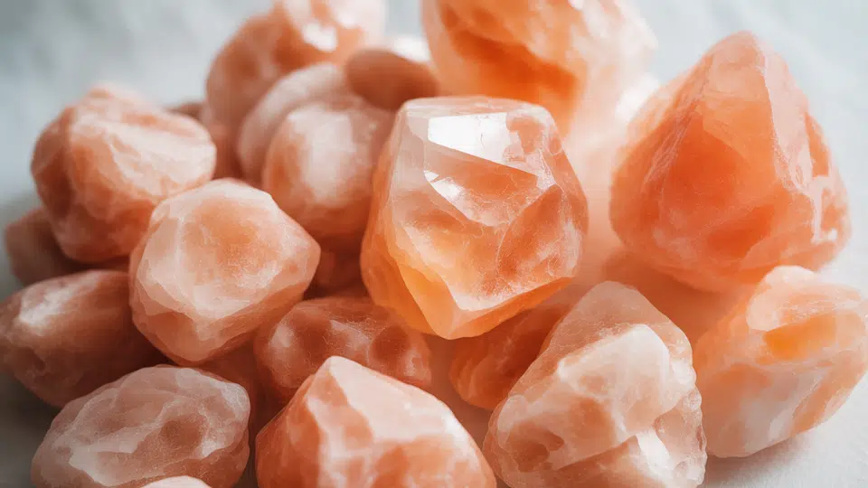 close-up of pink himalayan salt crystals scattered on white surface with soft lighting