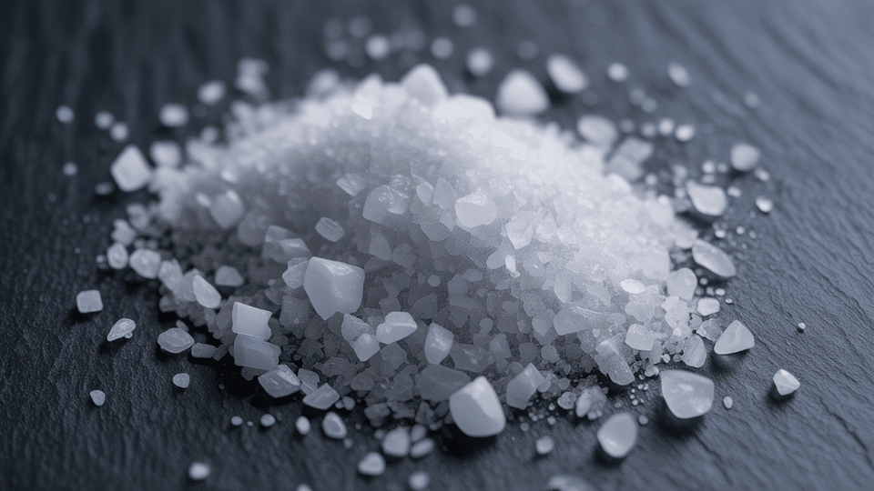 close-up of white salt crystals scattered on dark gray surface with black background