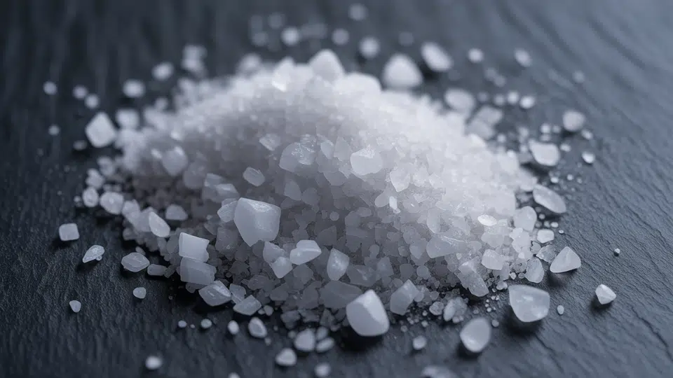 close-up of white salt crystals scattered on dark gray surface with black background