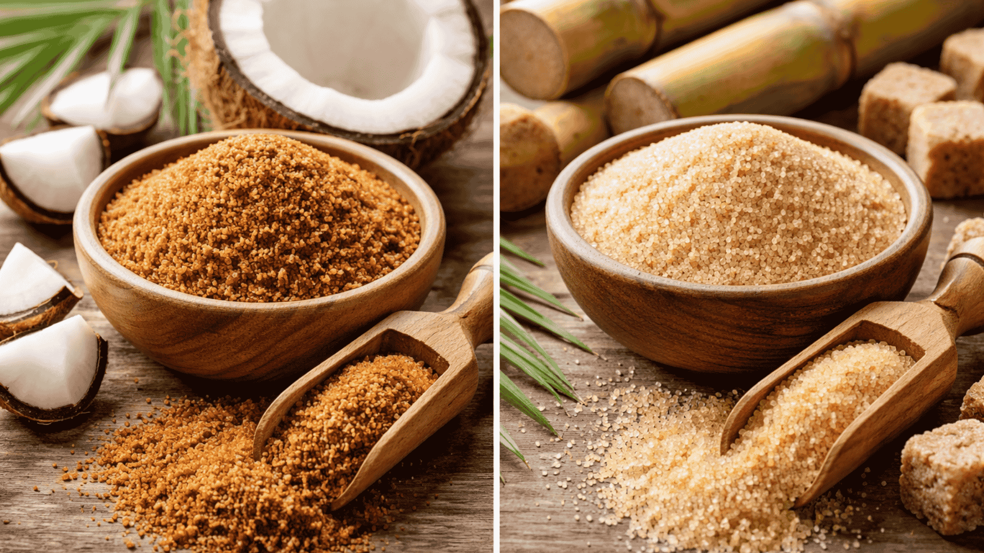 coconut sugar with a halved coconut and green palm leaves on the left, and cane sugar with fresh sugarcane stalks and scattered sugar cubes on the right, placed on a rustic wooden surface