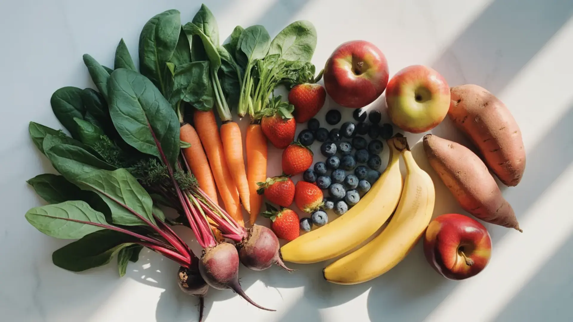 colorful flat lay of fresh fruits and vegetables including apples bananas berries carrots beets spinach and yams