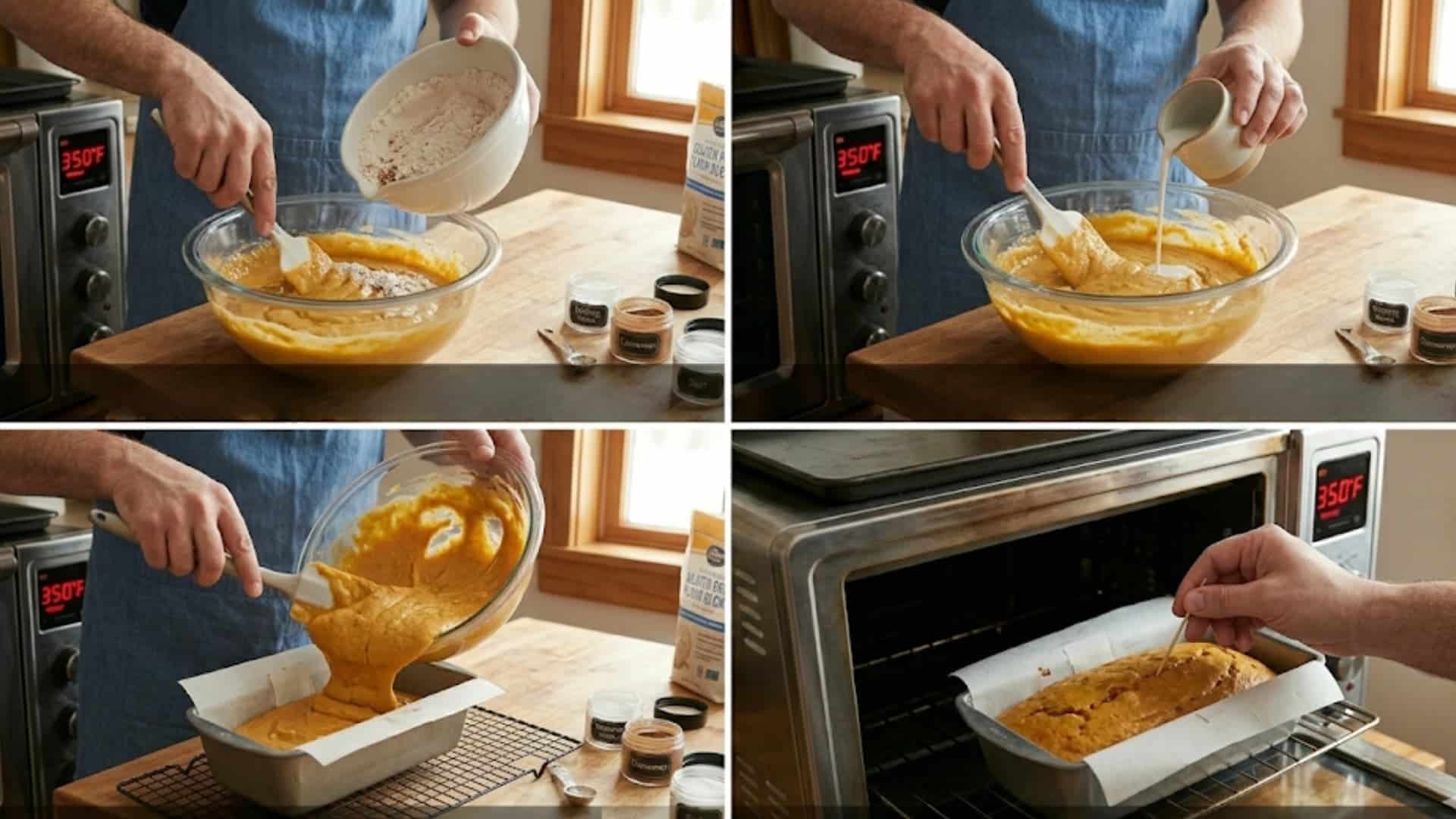 combining ingredients, adding almond milk, pouring batter into a pan, and testing the baked loaf with a toothpick