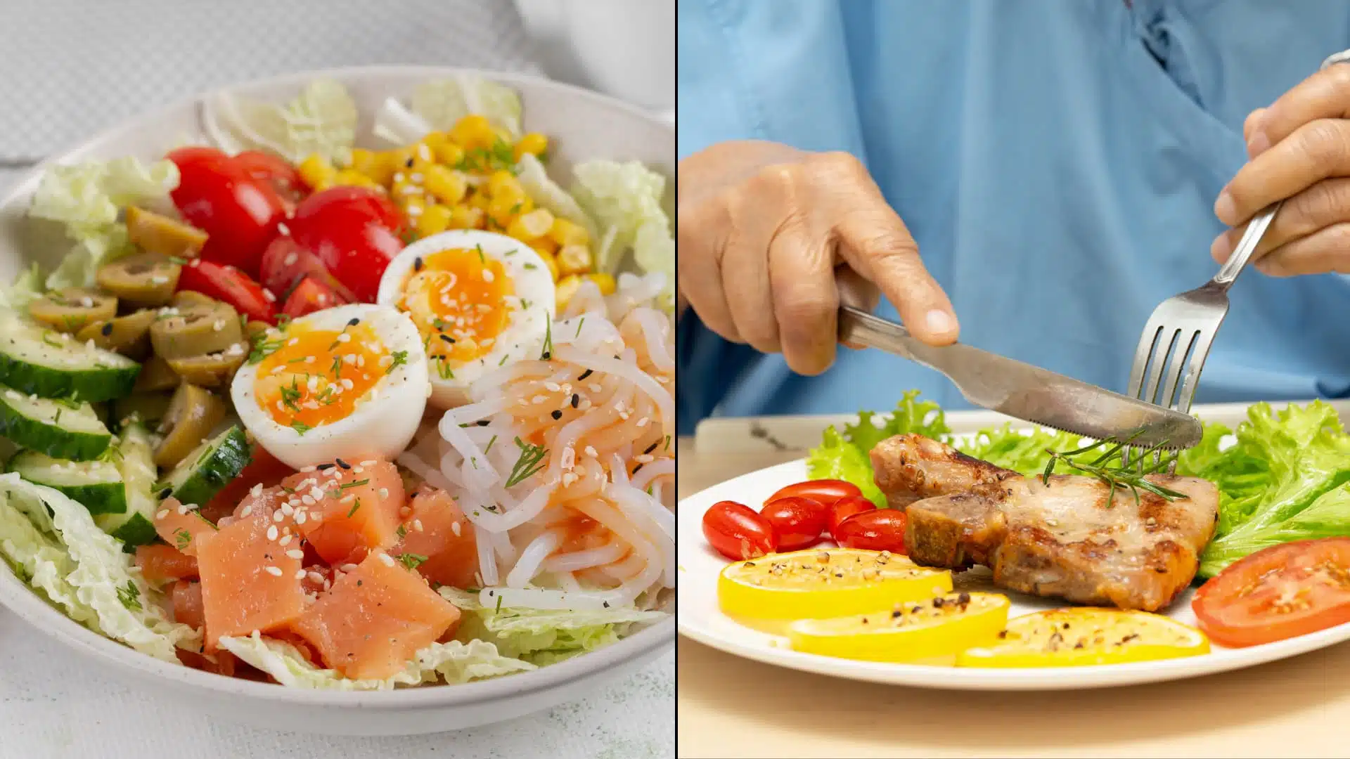 comparison showing a colorful keto salad with eggs and salmon versus a plate of grilled meat and vegetables