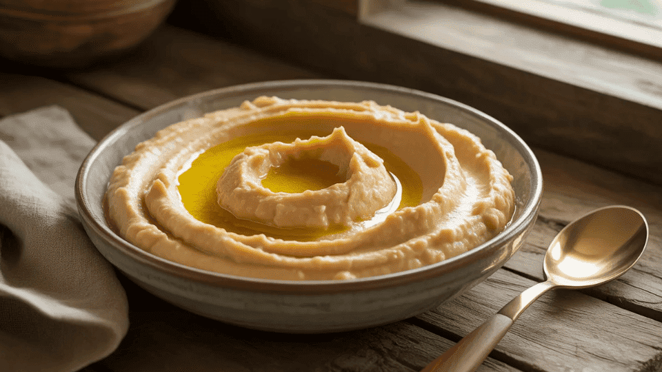 creamy mashed chickpeas with olive oil in a shallow bowl on a wooden table, served with a spoon and linen cloth nearby