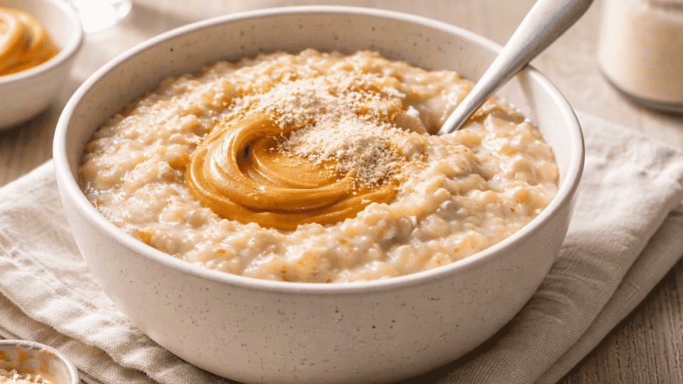 creamy oatmeal in a bowl topped with peanut butter and protein powder, served with a spoon on a wooden table in soft light