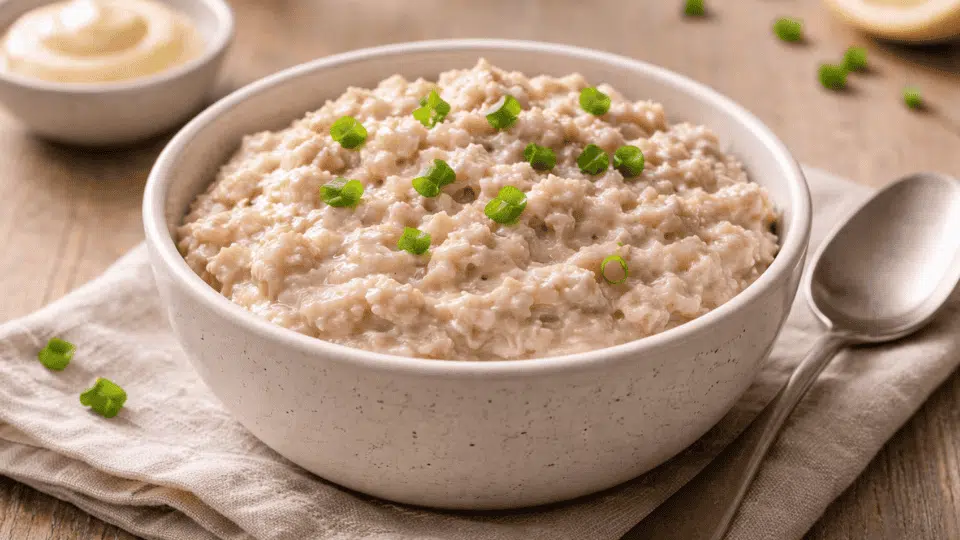 creamy tuna salad in a ceramic bowl topped with chopped green onions, served with a spoon on a wooden table