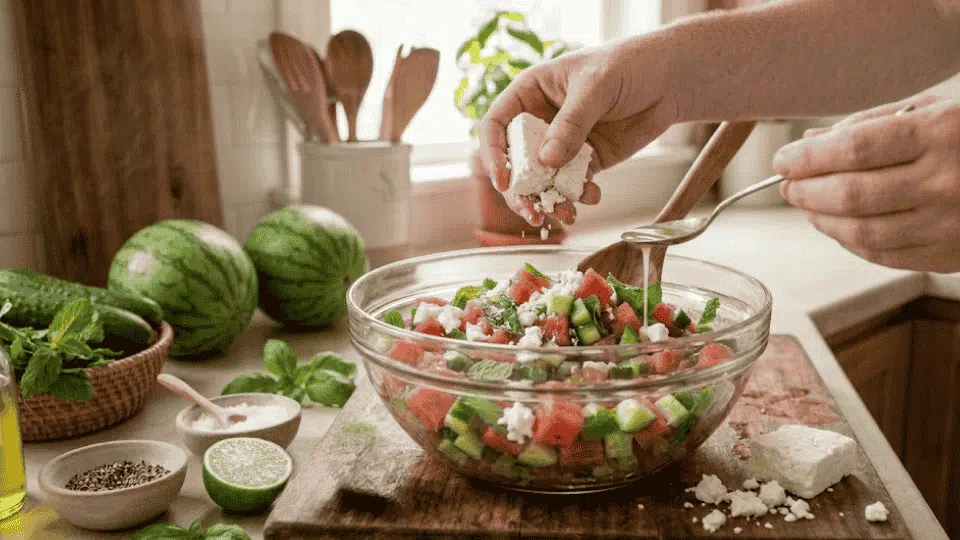 crumbling feta cheese and drizzling dressing over a watermelon, cucumber, and mint salad in a glass bowl