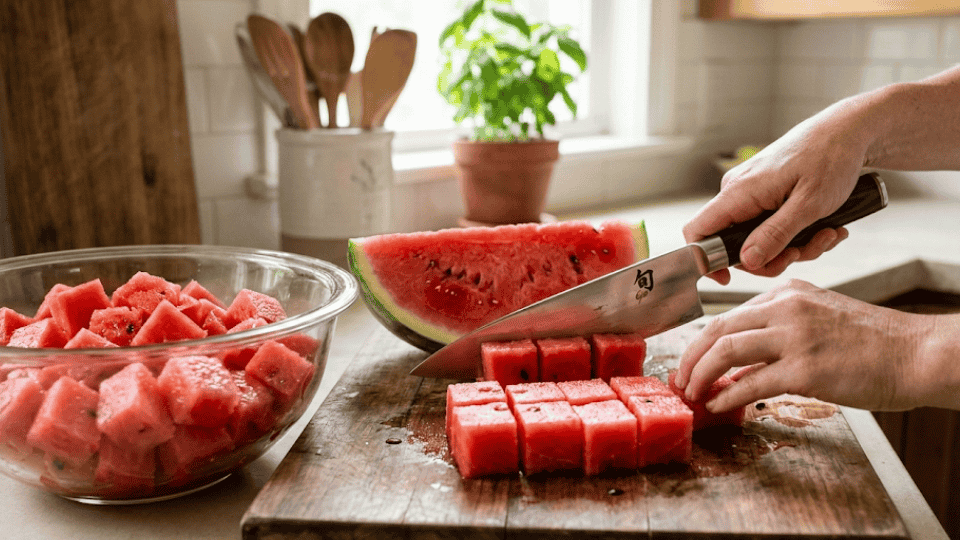cutting fresh watermelon into even cubes on a wooden cutting board with a bowl of watermelon pieces in a bright kitchen