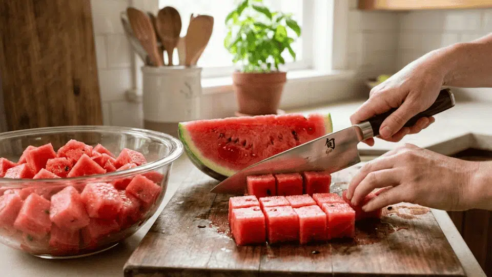 cutting fresh watermelon into even cubes on a wooden cutting board with a bowl of watermelon pieces in a bright kitchen