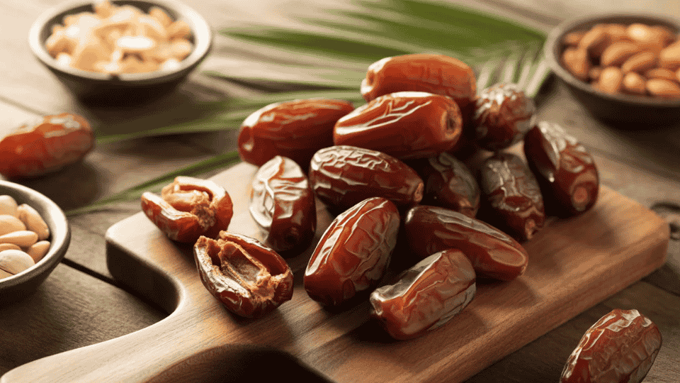 dates whole and split showing brown dried fruit naturally high in potassium for healthy fruit diet and nutrition