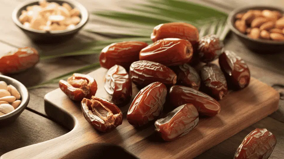 dates whole and split showing brown dried fruit naturally high in potassium for healthy fruit diet and nutrition