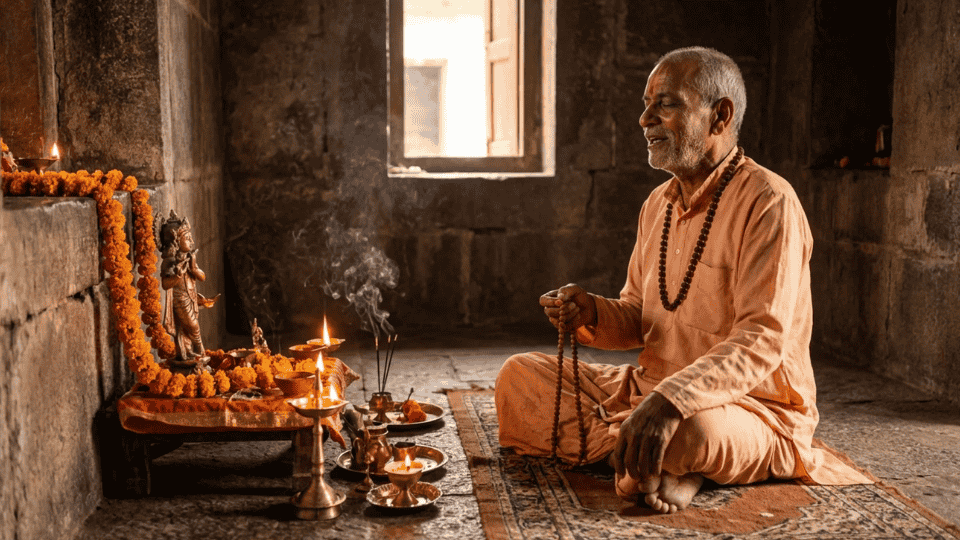 devotee in saffron robes prays with beads before a small altar with lamps, incense, and deity statue inside a quiet temple