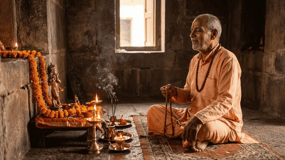 devotee in saffron robes prays with beads before a small altar with lamps, incense, and deity statue inside a quiet temple