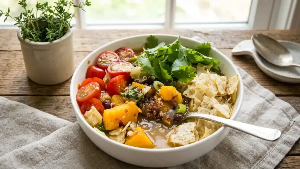 diet for pancreatitis including a bowl of quinoa soup with tomatoes squash cilantro and crunchy chips on a rustic table