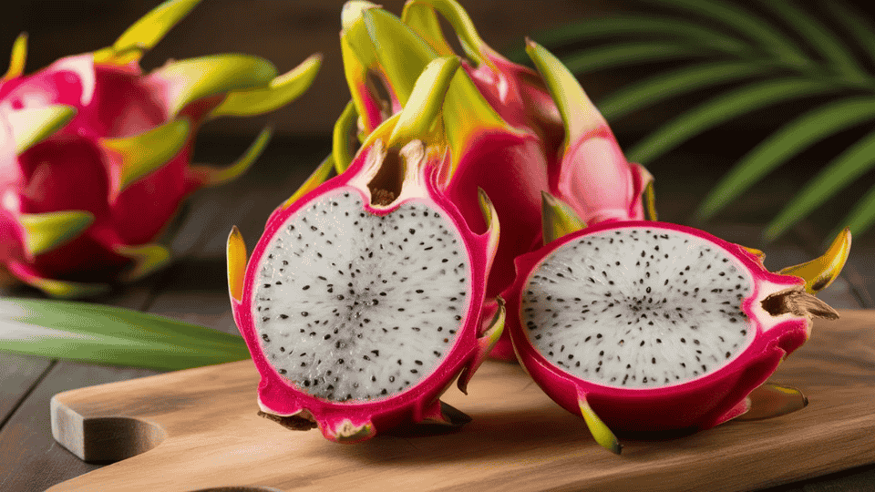 dragon fruit cut in half showing white flesh with black seeds naturally high in potassium for healthy fruit diet