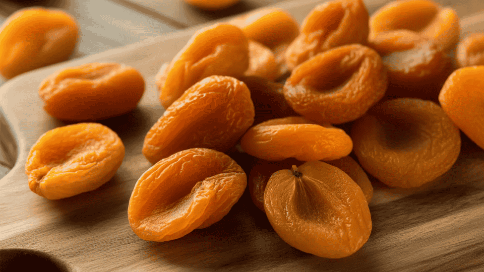dried apricots on wooden board showing orange fruit pieces high in potassium nutrients for healthy diet