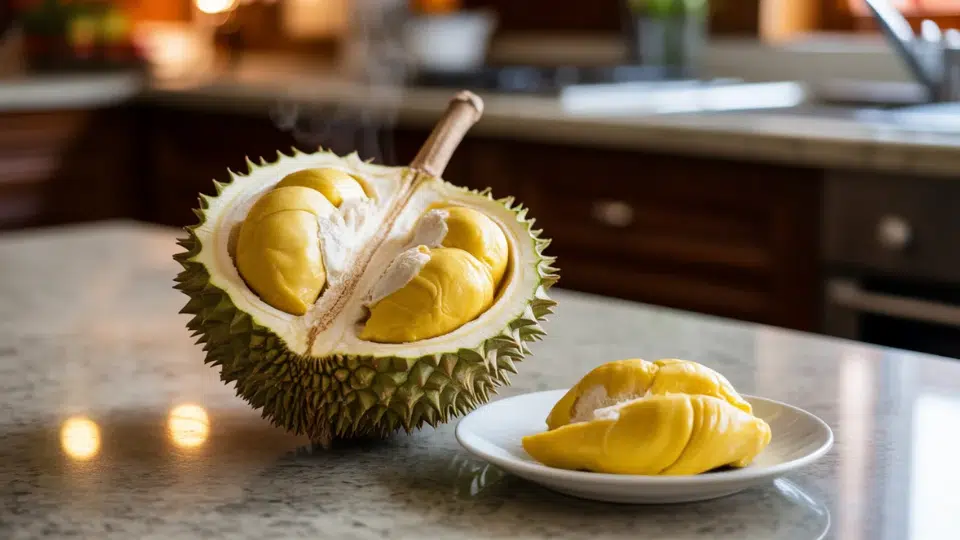 durian whole spiky fruit on wooden surface naturally high in potassium for healthy fruit diet and nutrition