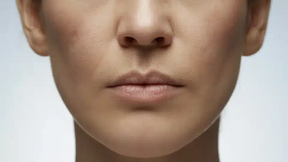 extreme close-up of a person's lower face showing dry skin on the chin and around the lips