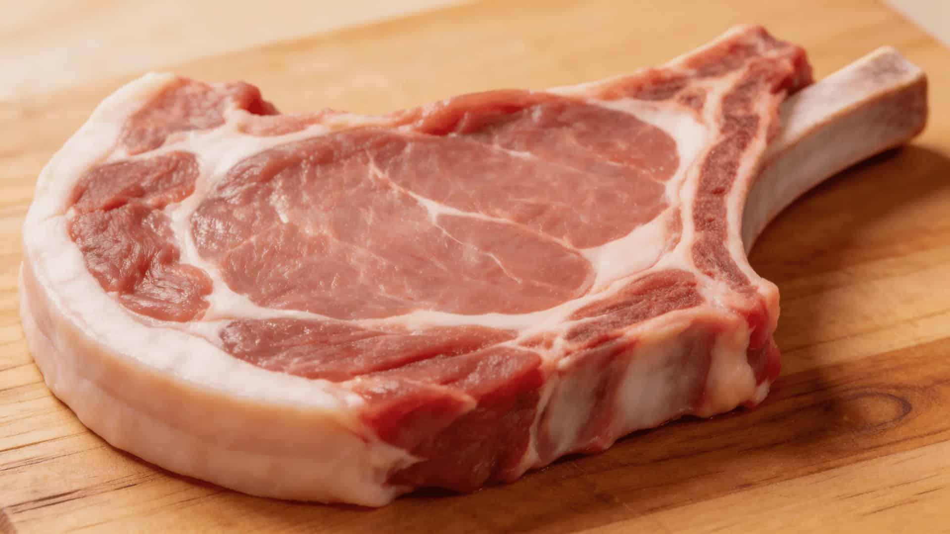 fattier rib pork chop showing visible marbling and fat content on wooden cutting board, close-up food photography shot