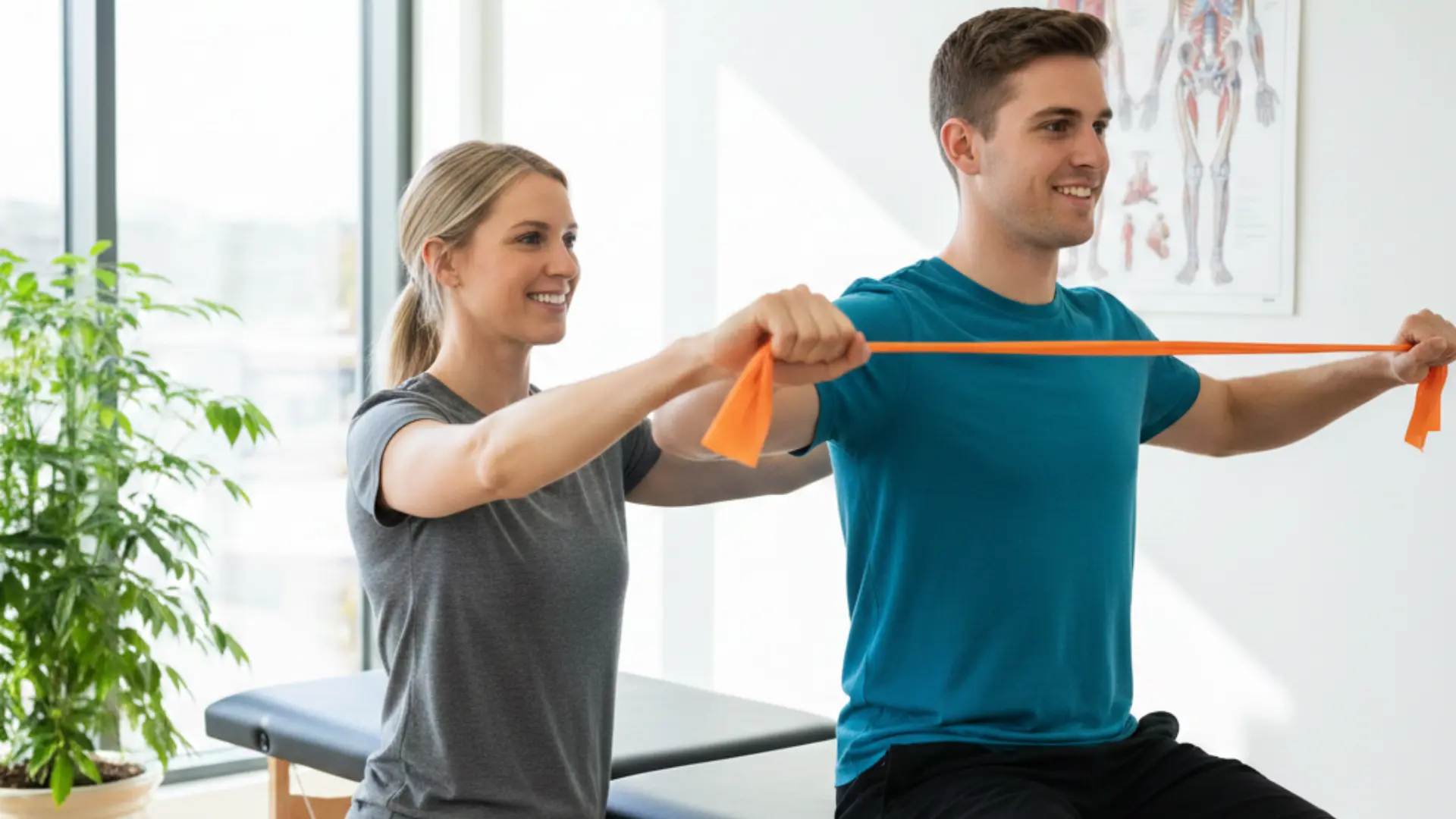 female physical therapist in gray assists a man in a teal shirt with an orange resistance band in a modern clinic