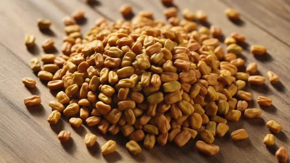 fenugreek seeds on a wooden surface, a traditional herb often used to support appetite control and weight loss