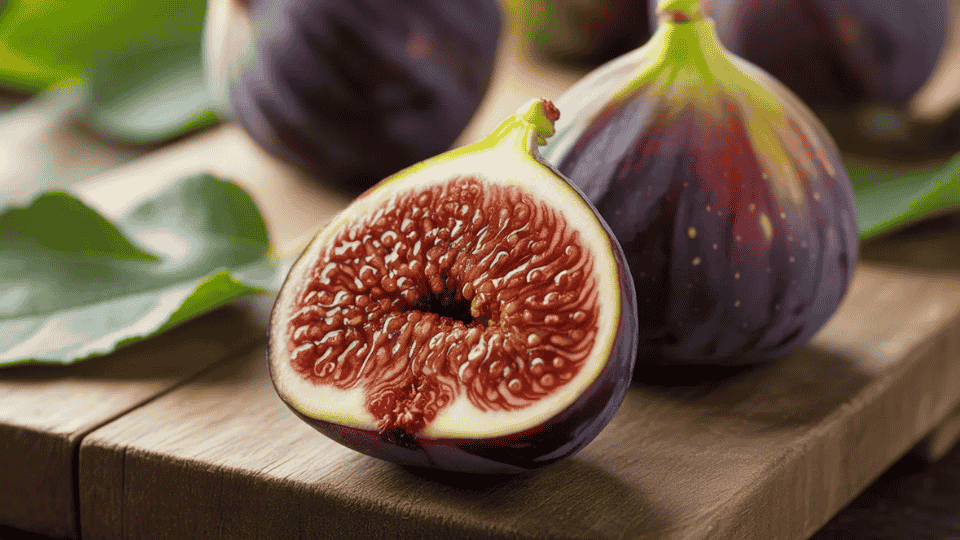 fig fruit whole and cut open showing red flesh and seeds naturally high in potassium for healthy fruit diet