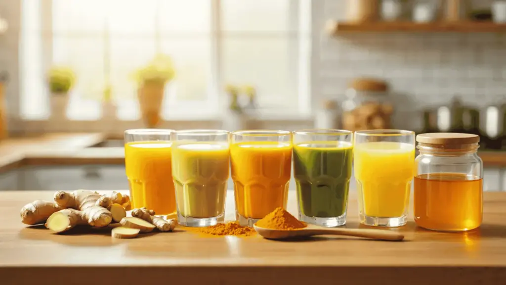 five wellness shots with ginger root turmeric powder and honey jar on a wooden table