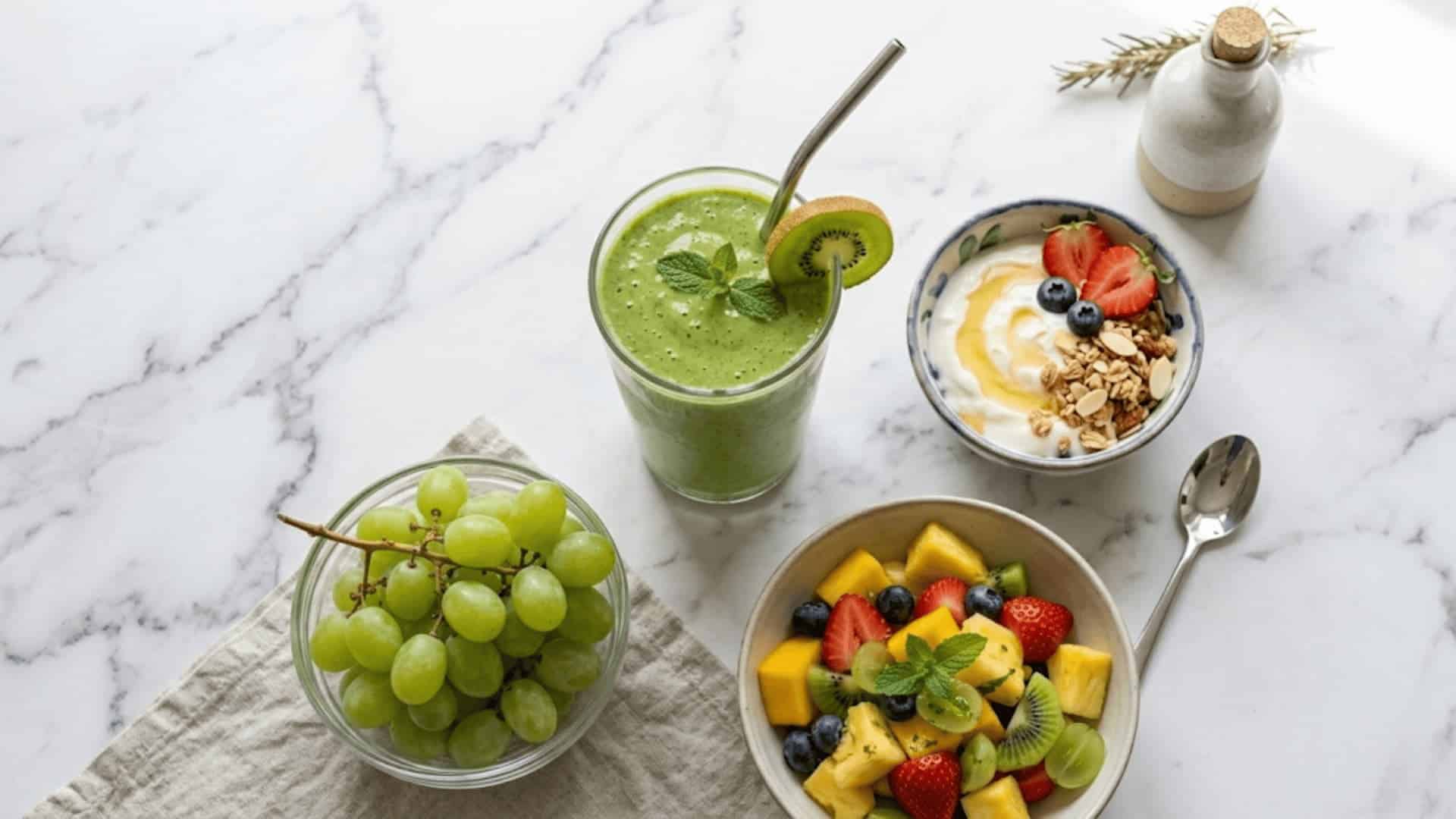 flat lay of green grapes smoothie glass yogurt bowl and fruit salad arranged on white marble surface