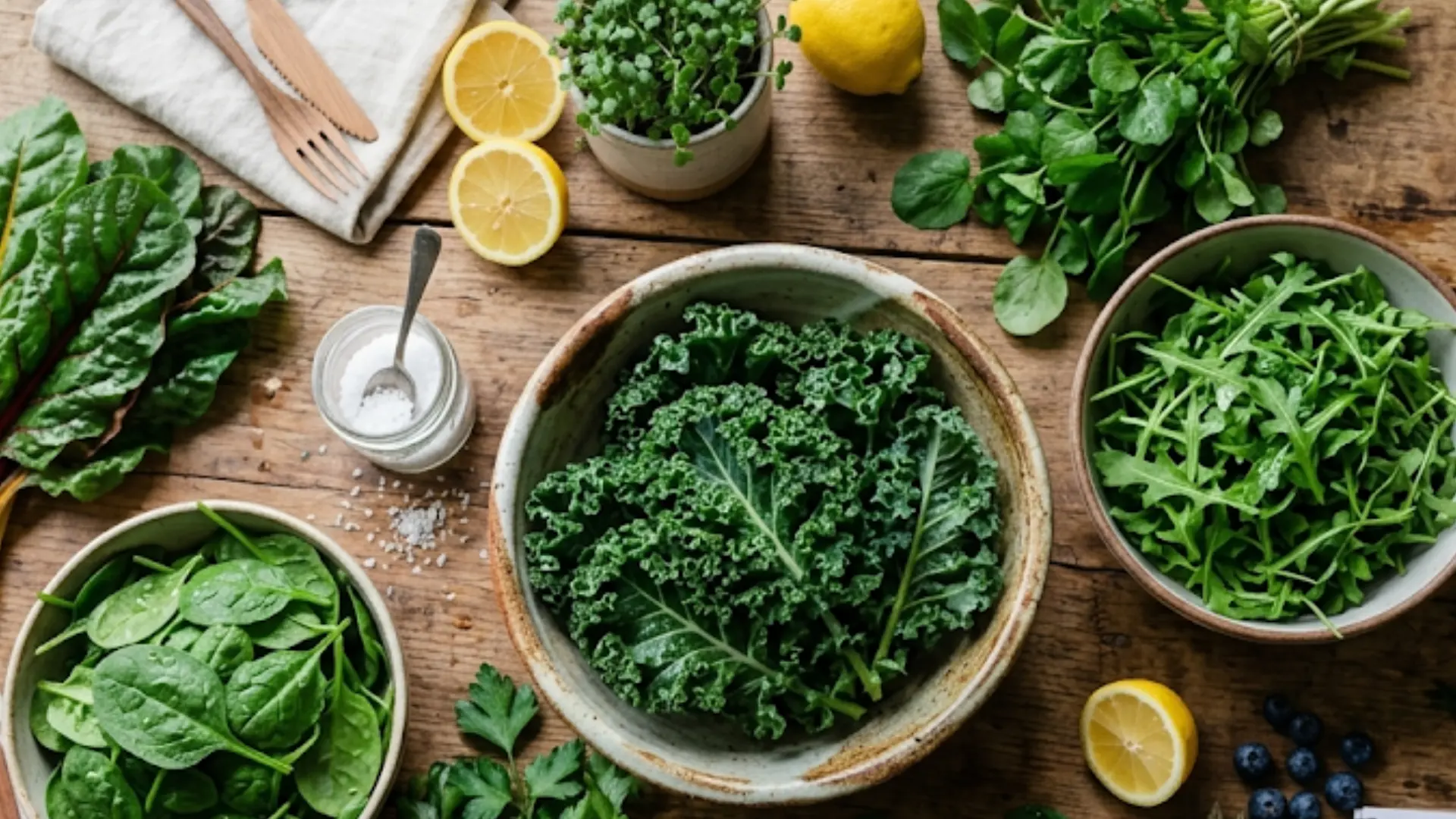 flat lay of leafy greens like spinach, kale, arugula on a wooden table with lemons, herbs