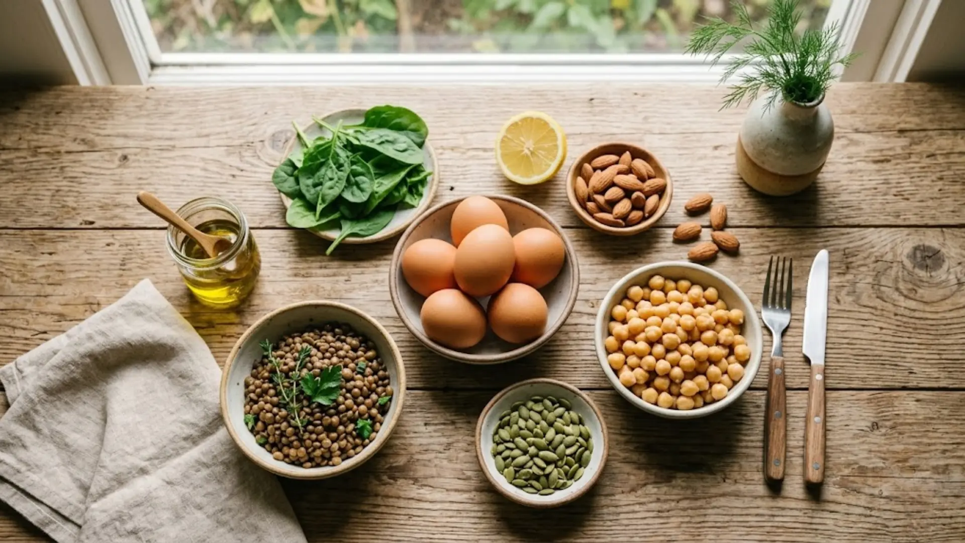 flat lay of protein-rich foods like eggs, legumes, nuts and seeds on a wood table with fresh greens