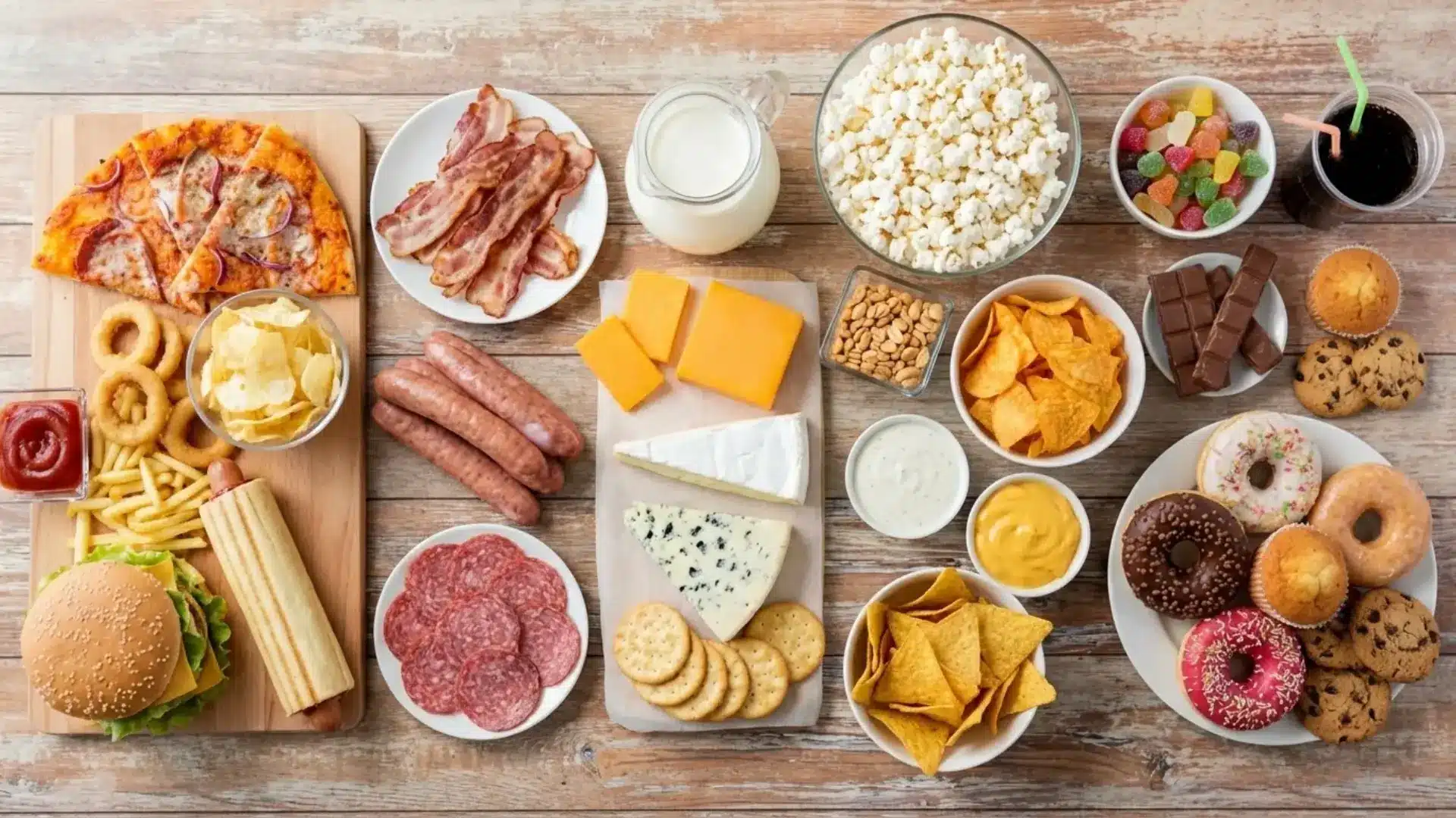 foods to avoid with pancreatitis like fried and greasy foods, high-fat meats, full-fat dairy, and sugary foods on wood