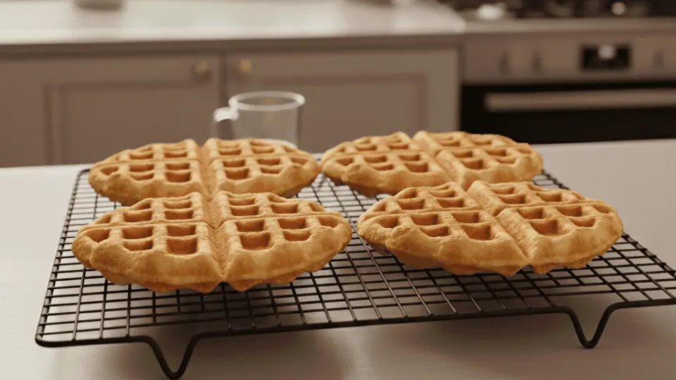 four golden-brown waffles sit cooling on a black wire rack on a kitchen counter, with a glass mug in the background