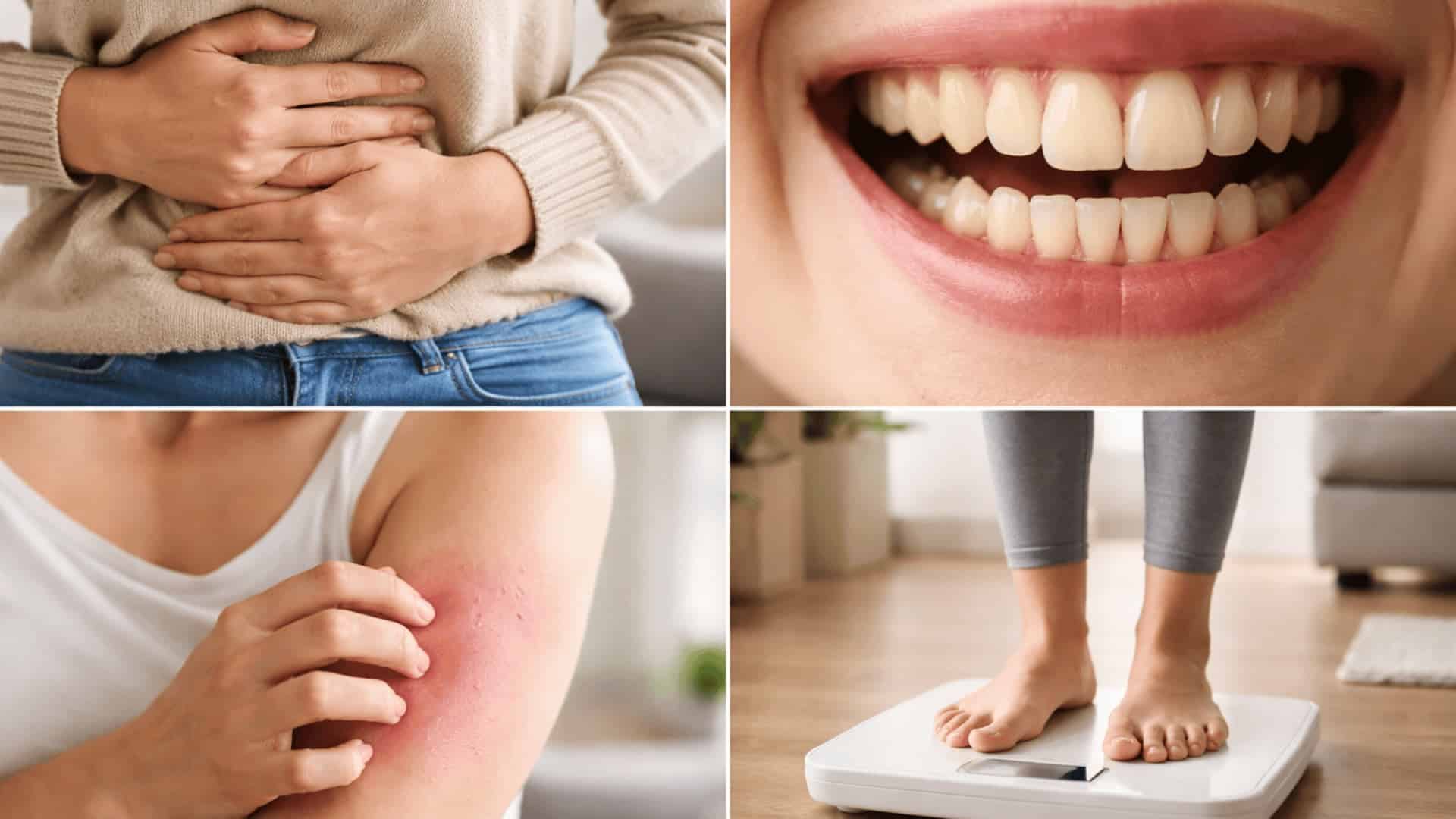 four panel split image showing stomach discomfort, teeth staining, skin irritation, and weighing scale in soft natural light