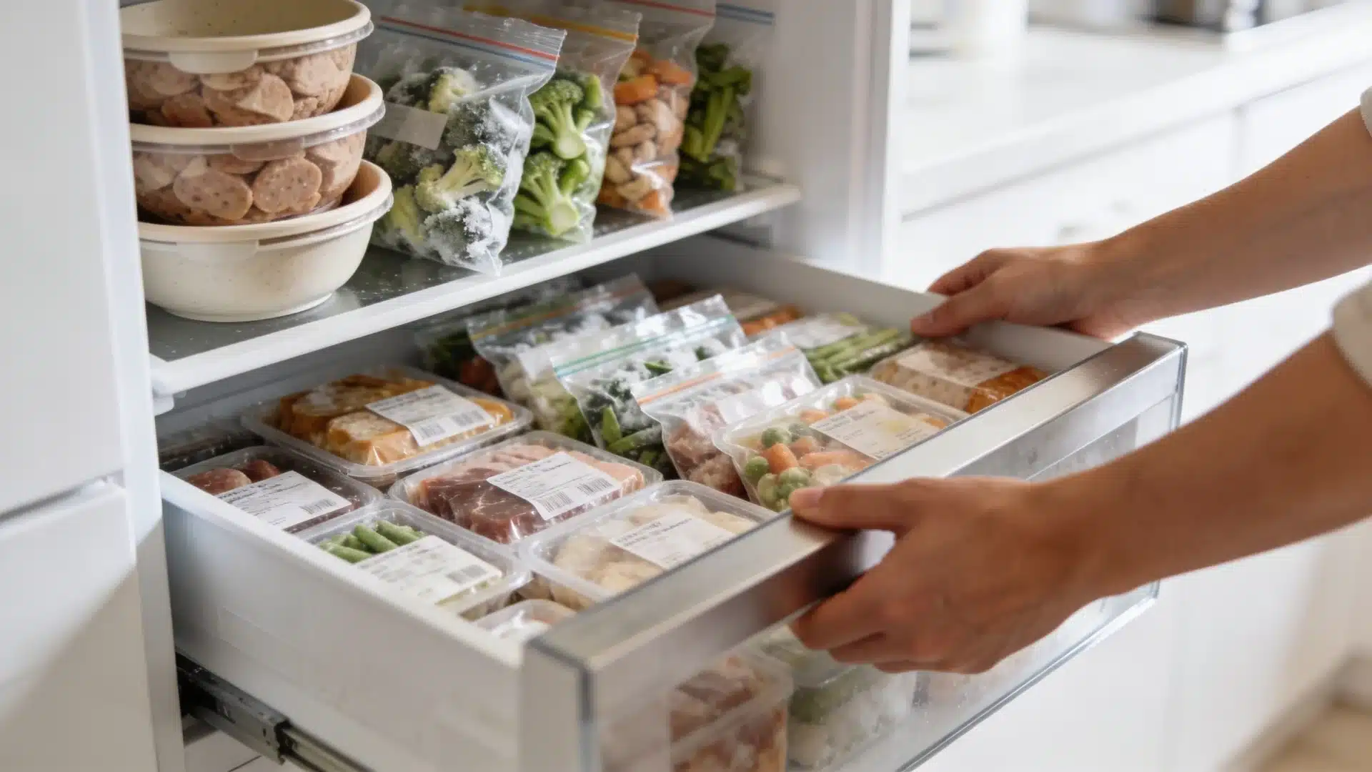 freezer drawer filled with packaged meats, frozen vegetables, and prepared meals stored in containers and sealed bags
