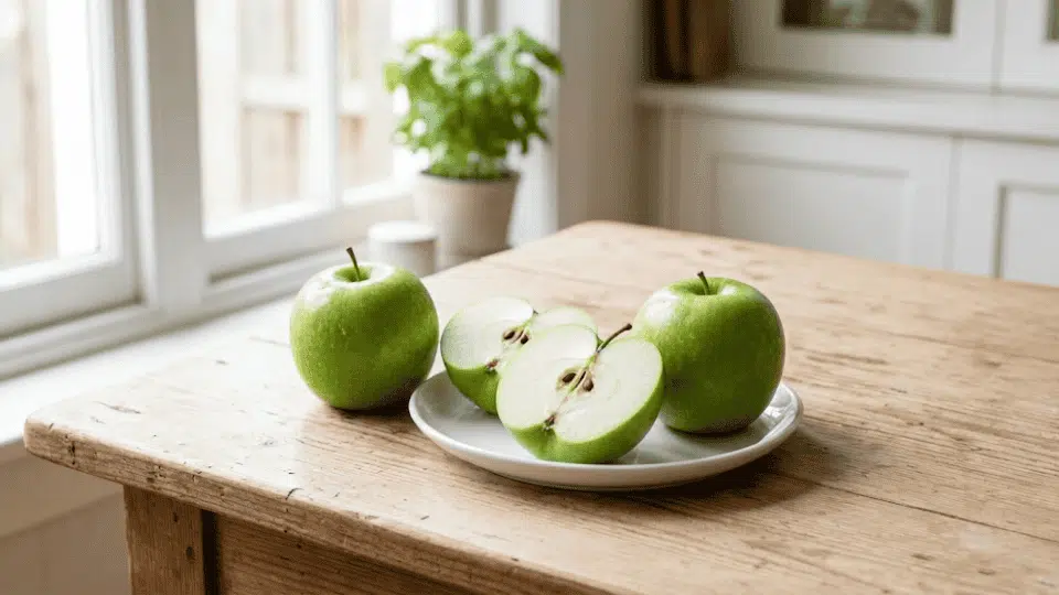 fresh Granny Smith apples whole and sliced, showing crisp green skin and white flesh on a bright kitchen table