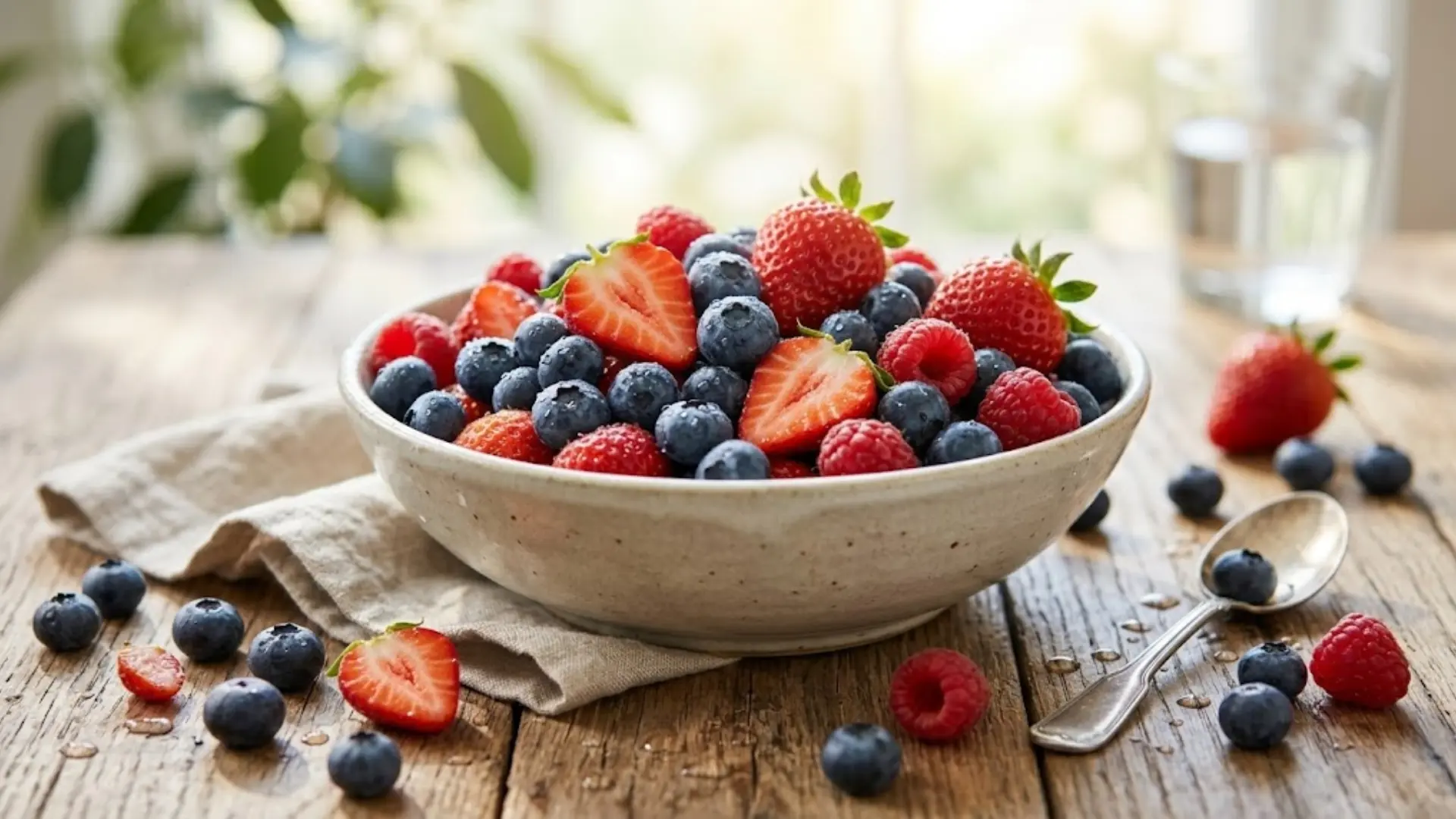 fresh berries like blueberries, strawberries, raspberries in a white bowl on a wooden table with leaves and a pitcher