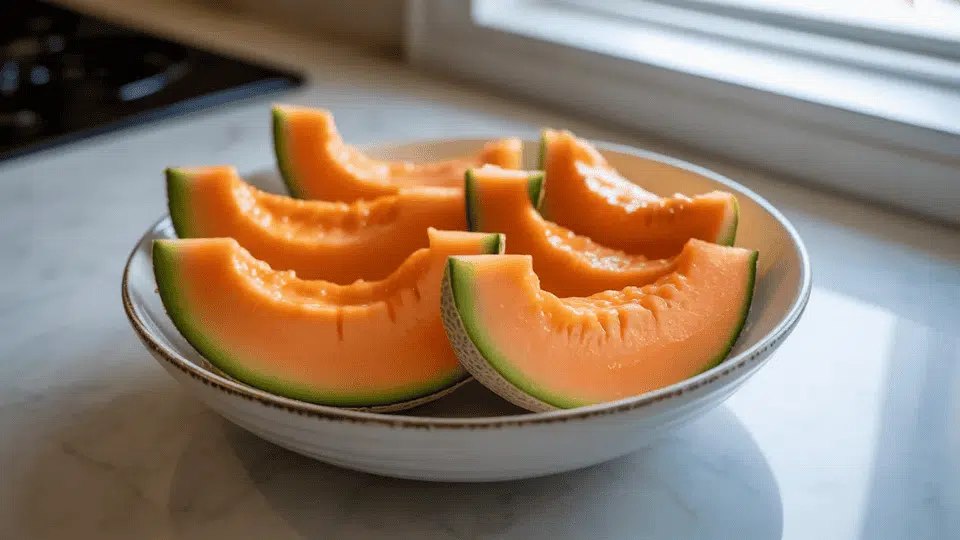 fresh cantaloupe slices on a plate, a low histamine fruit option often well tolerated in sensitive diets