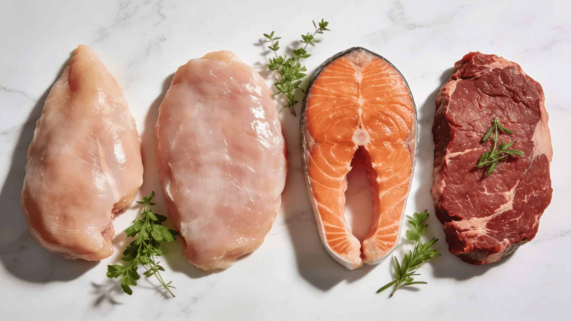 fresh chicken, turkey, salmon, and beef displayed on white surface for low histamine diet protein options