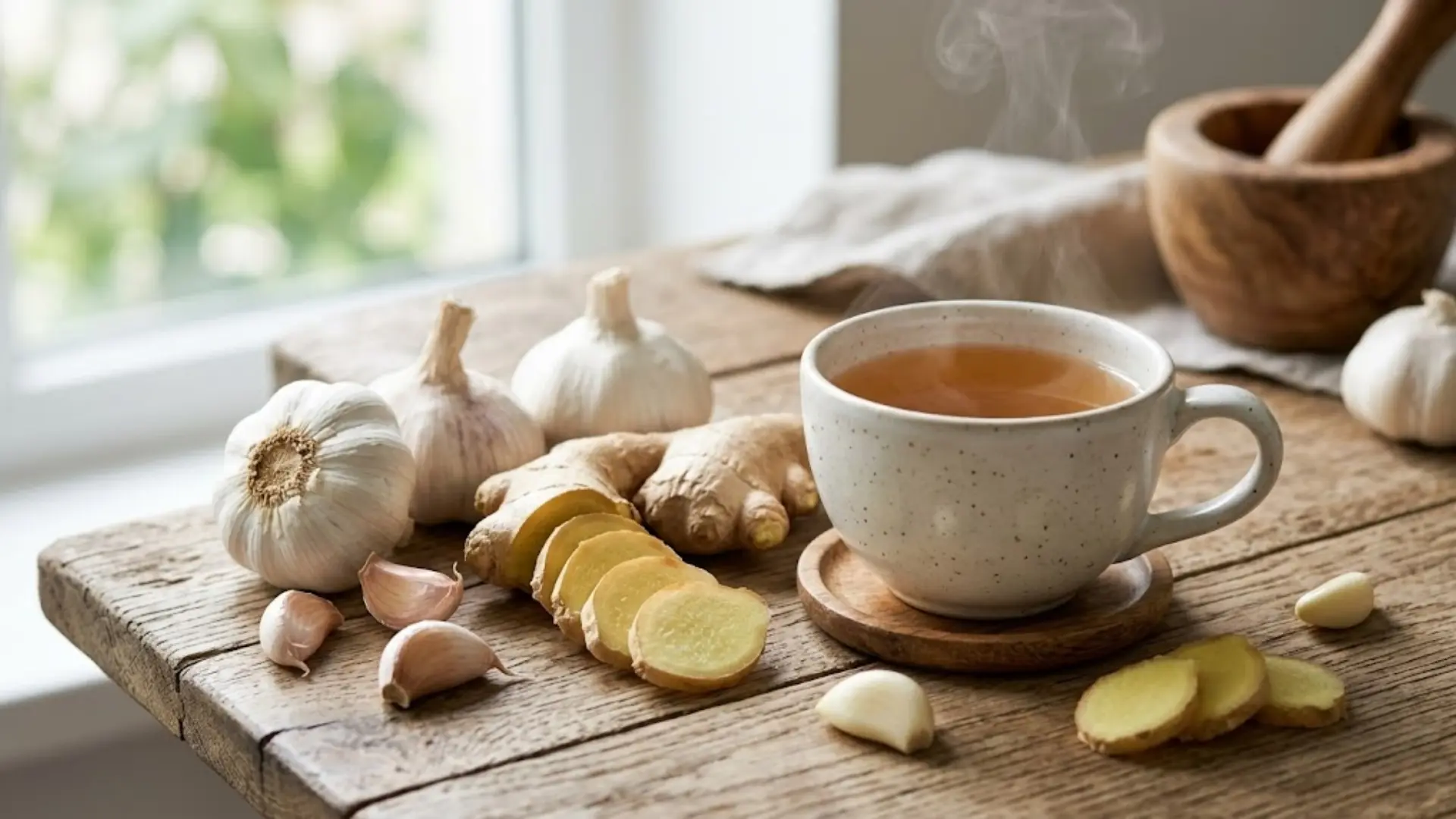 fresh garlic and ginger roots on a wooden table with lemons and leafy greens for a healthy recipe