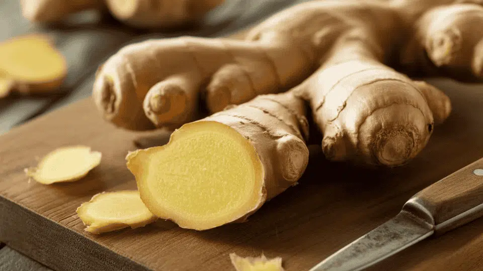 fresh ginger root with sliced pieces on a wooden board, a popular herb used to support weight loss and digestion
