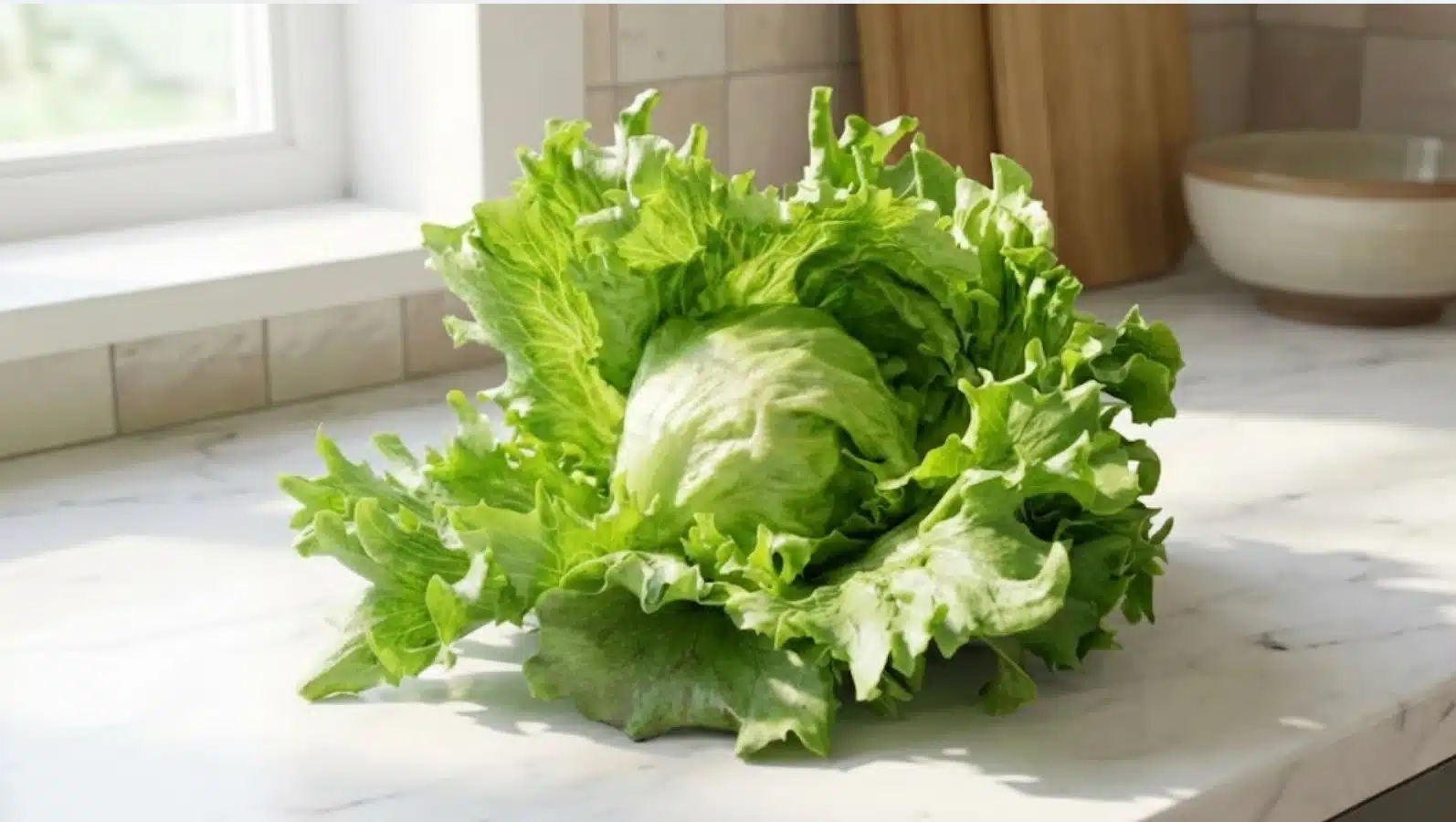 fresh head of iceberg lettuce on marble kitchen counter near window with wooden cutting boards and bowl in background