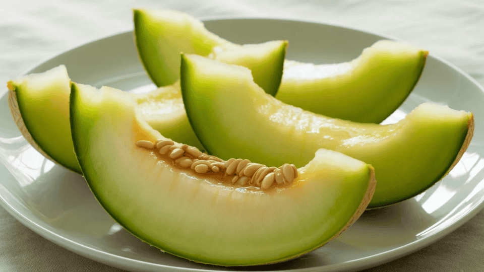 fresh honeydew melon slices on a plate, a low histamine fruit option for sensitive diets