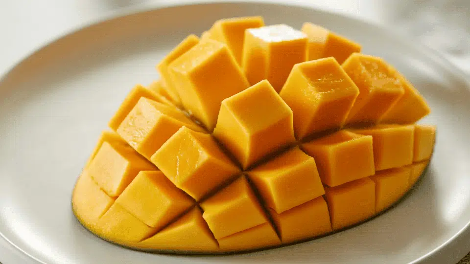 fresh mango cubes on a plate, often limited on a low histamine diet due to potential histamine response