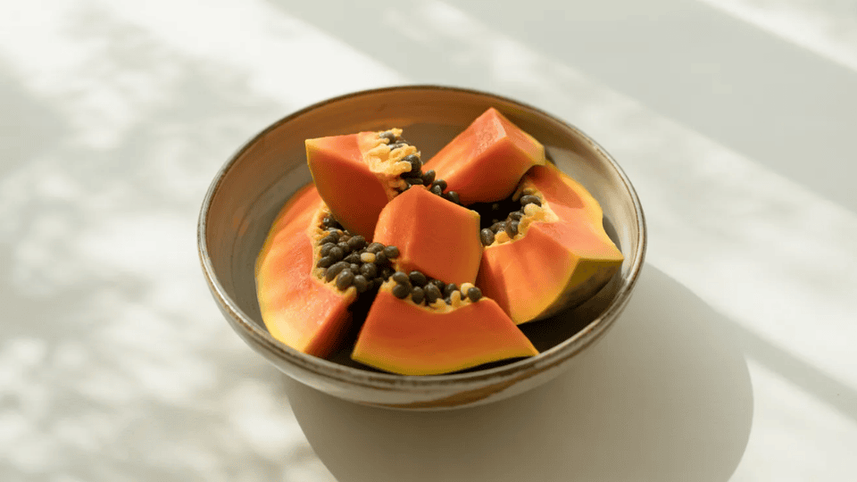 fresh papaya slices in a bowl, often limited on a low histamine diet due to potential histamine release