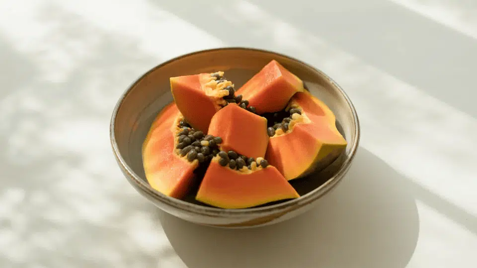 fresh papaya slices in a bowl, often limited on a low histamine diet due to potential histamine release