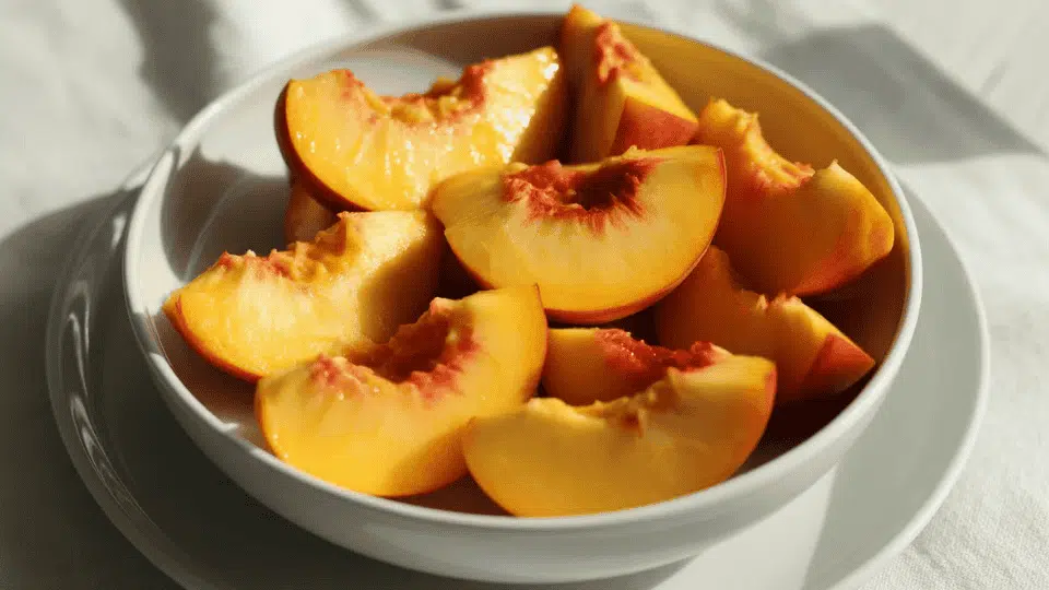 fresh peach slices in a bowl, often limited on a low histamine diet depending on individual tolerance
